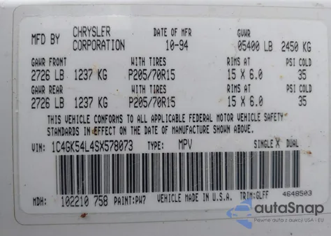 1995 Chrysler Town & Country из США, поврежденный, VIN 1C4GK54L4SX578073